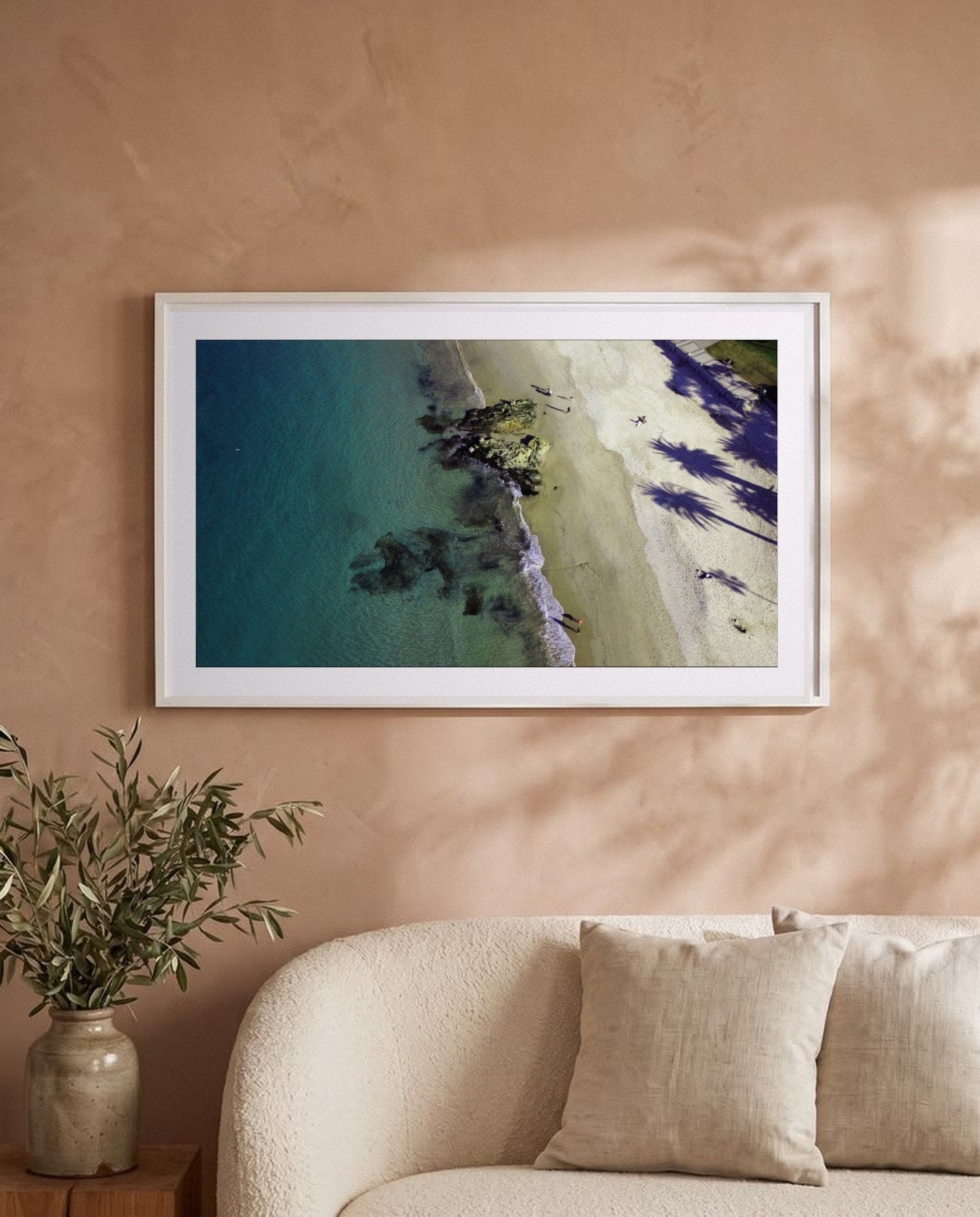Palm Trees, Mosman, framed on a warm plaster wall