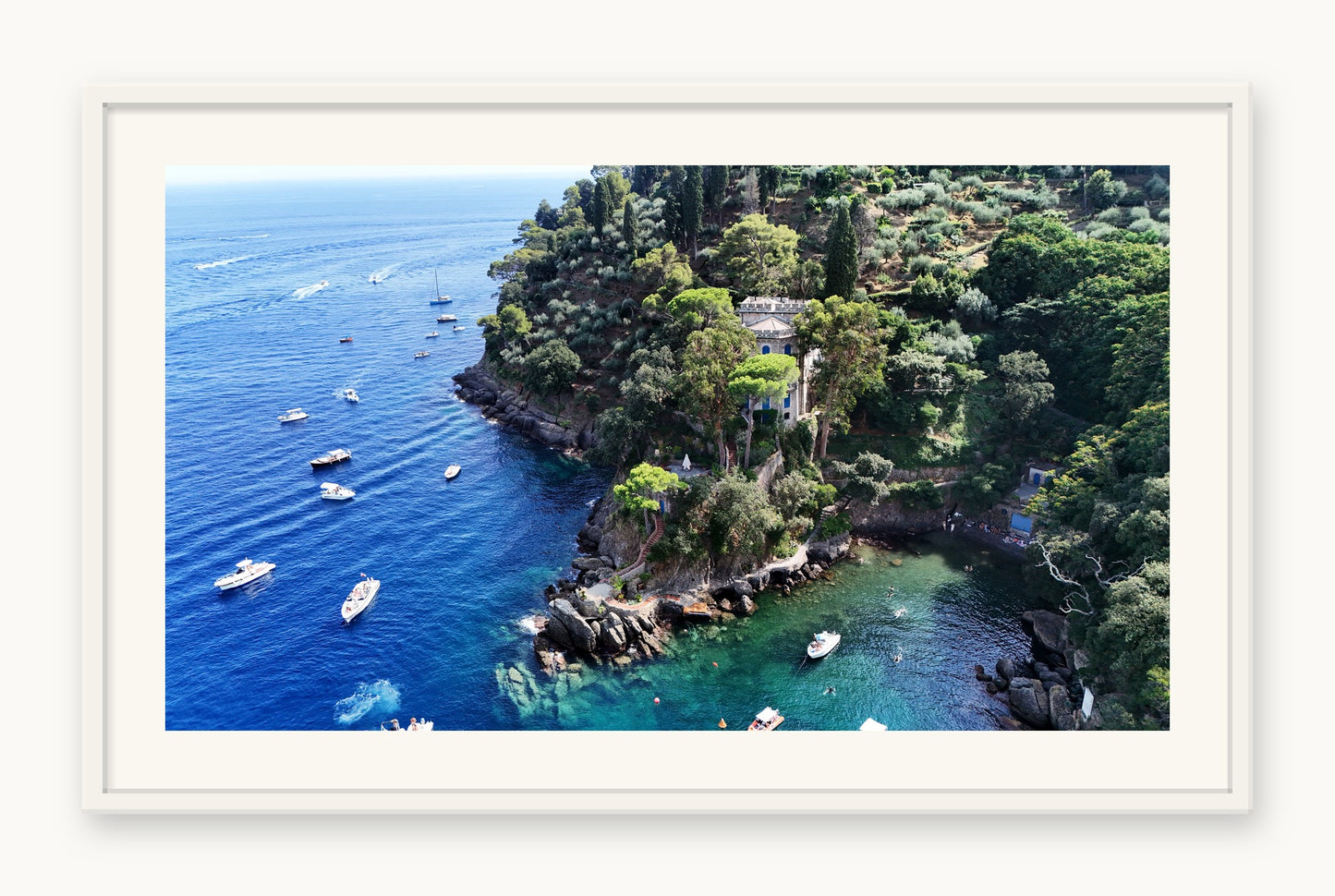 
                  
                    The Point, Portofino, framed in white with a 5 cm white border, shown at 66 x 87 cm
                  
                