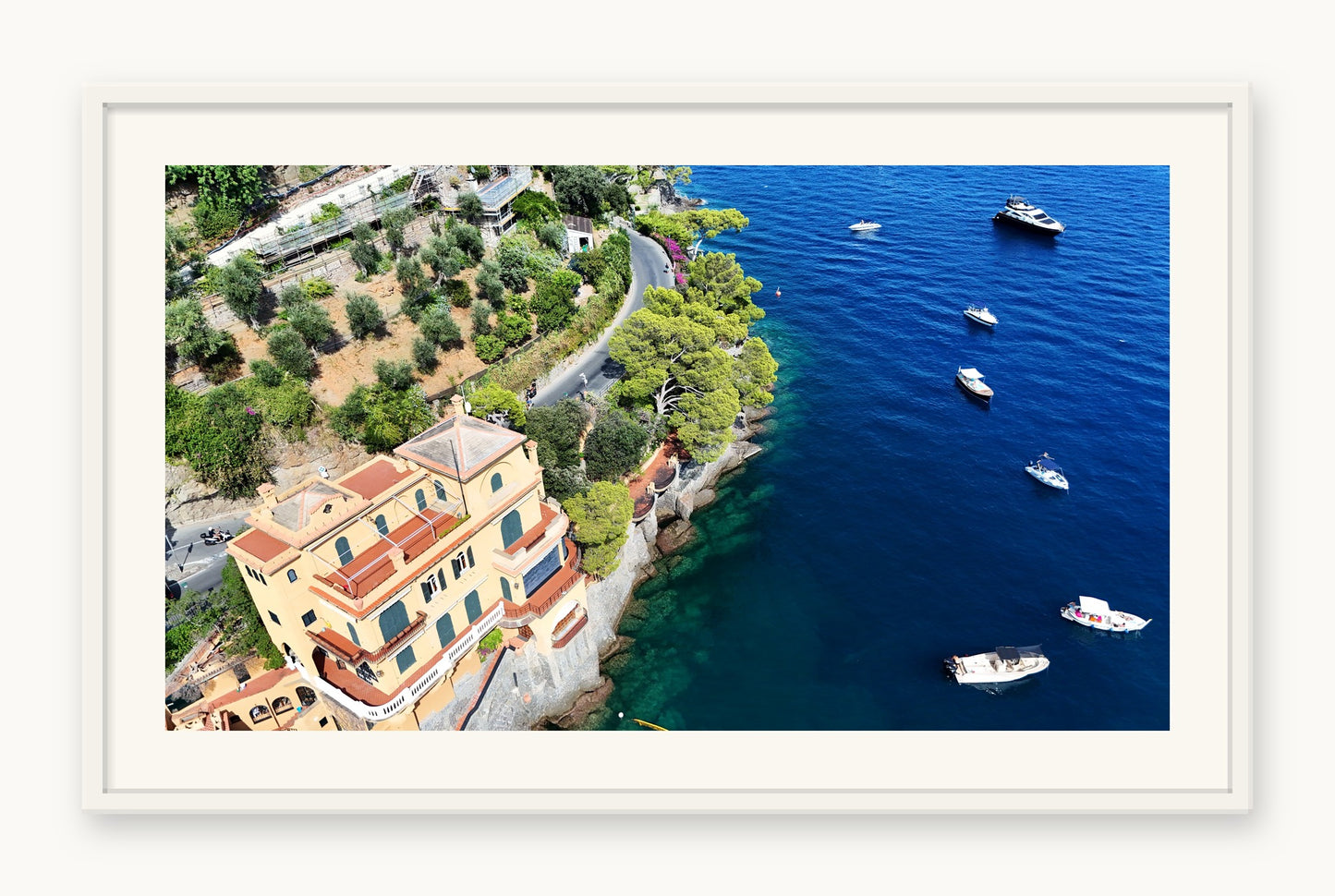 
                  
                    Villa by the Sea, Portofino, framed in white with a 5 cm white border, shown at 66 x 87 cm
                  
                
