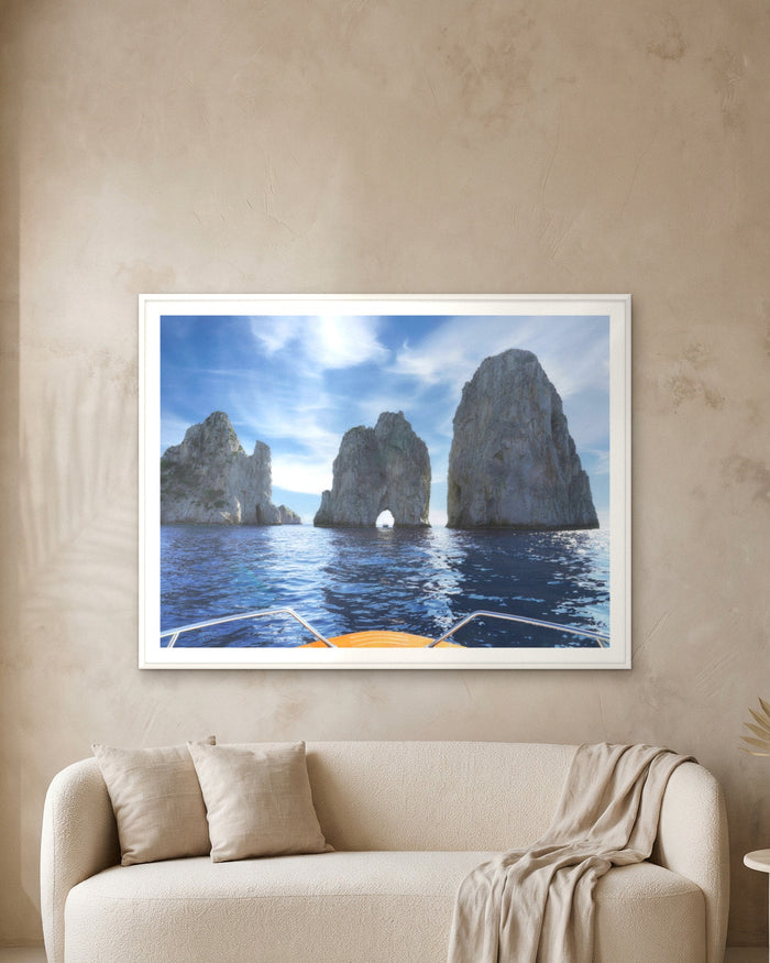 Faraglioni Rocks, Isle of Capri, framed on a textured plaster wall