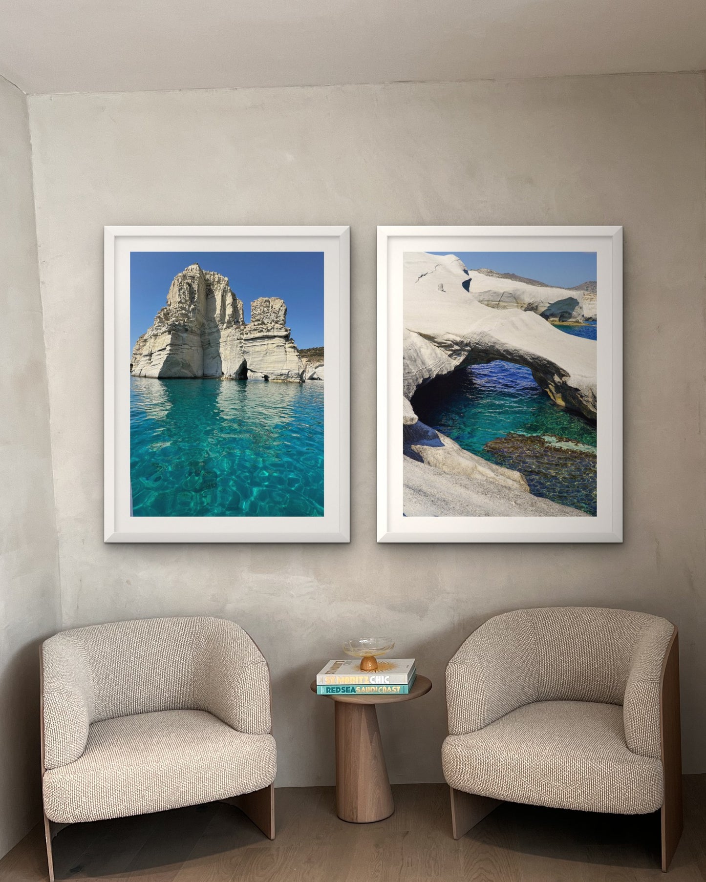 
                  
                    Milos Pair: Milos Rocks and The Arch of Milos framed side by side above two armchairs (room mock-up)
                  
                