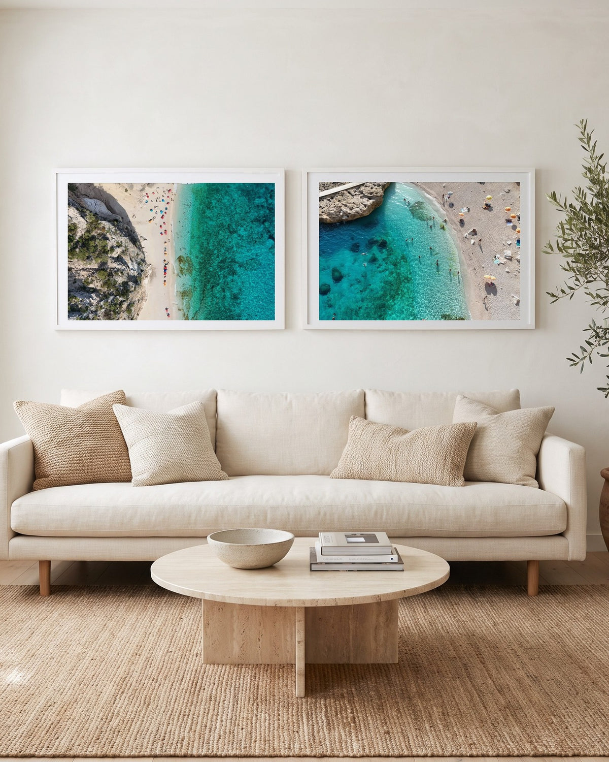 Sardinia Pair: The Strip, Sardinia and Cove Path, Sardinia framed side by side above two armchairs (room mock-up)