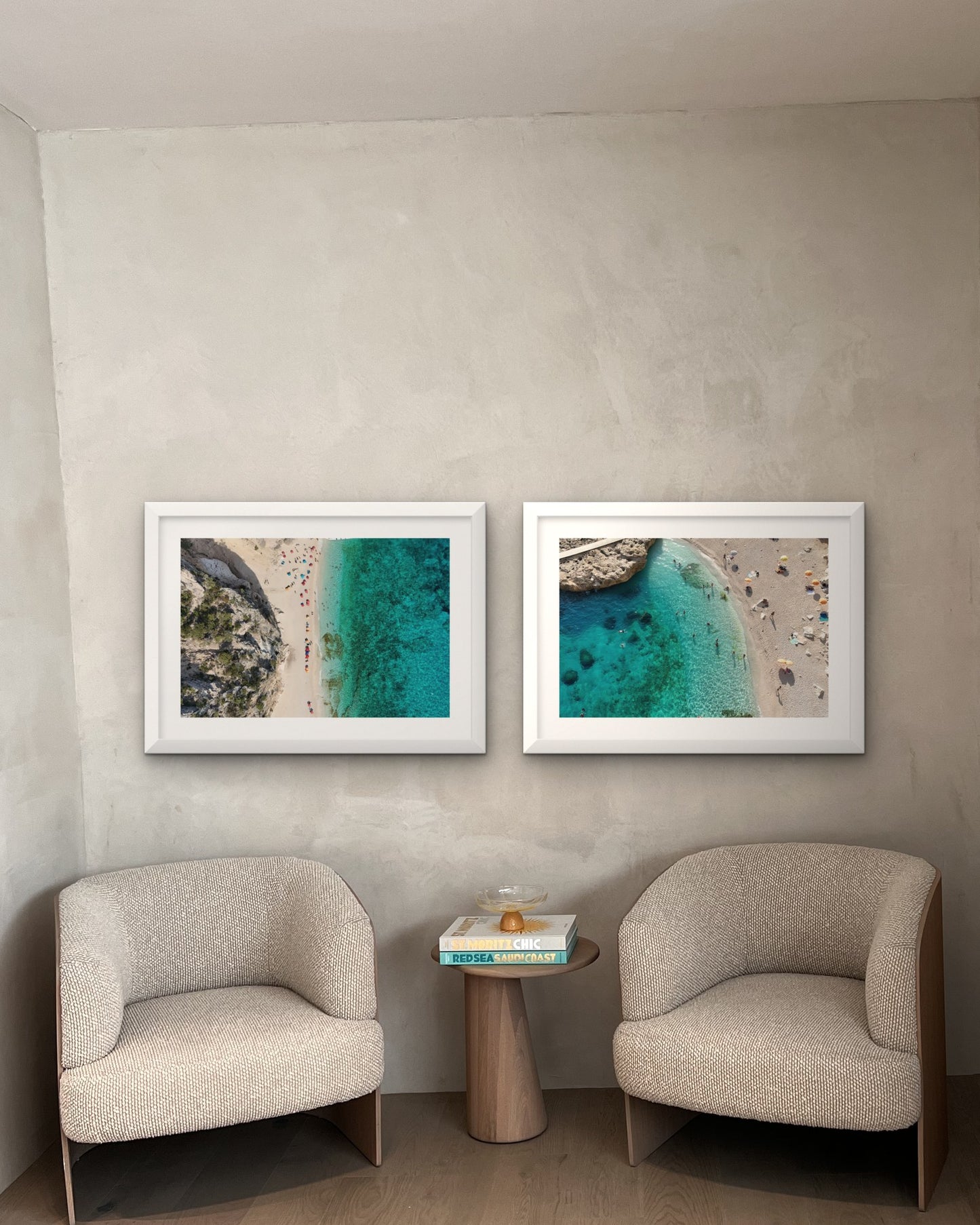 
                  
                    Sardinia Pair: The Strip, Sardinia and Cove Path, Sardinia framed side by side above two armchairs (room mock-up)
                  
                