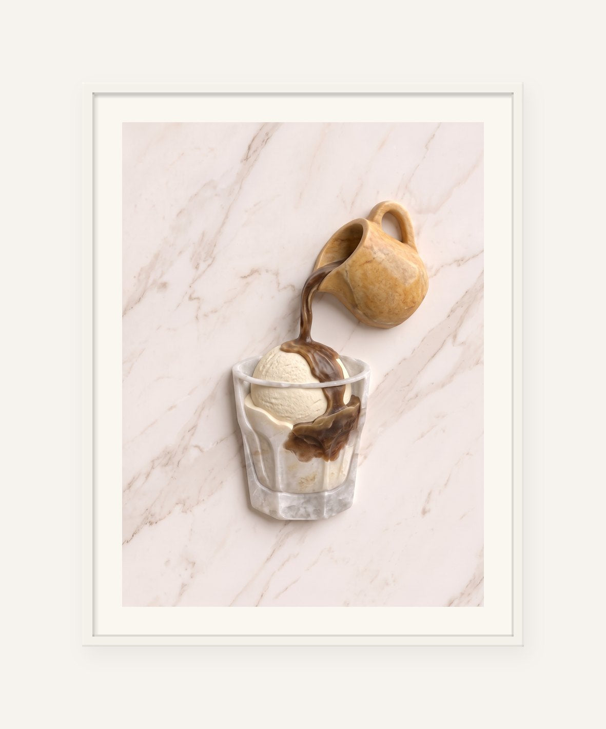 
                  
                    The Affogato, carved marble digital artwork, framed in white with a 5 cm white border
                  
                