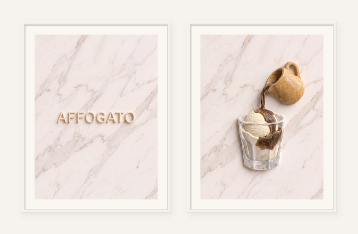 
                  
                    Affogato Stone Pair, two framed prints of digital artwork reimagined in carved marble
                  
                
