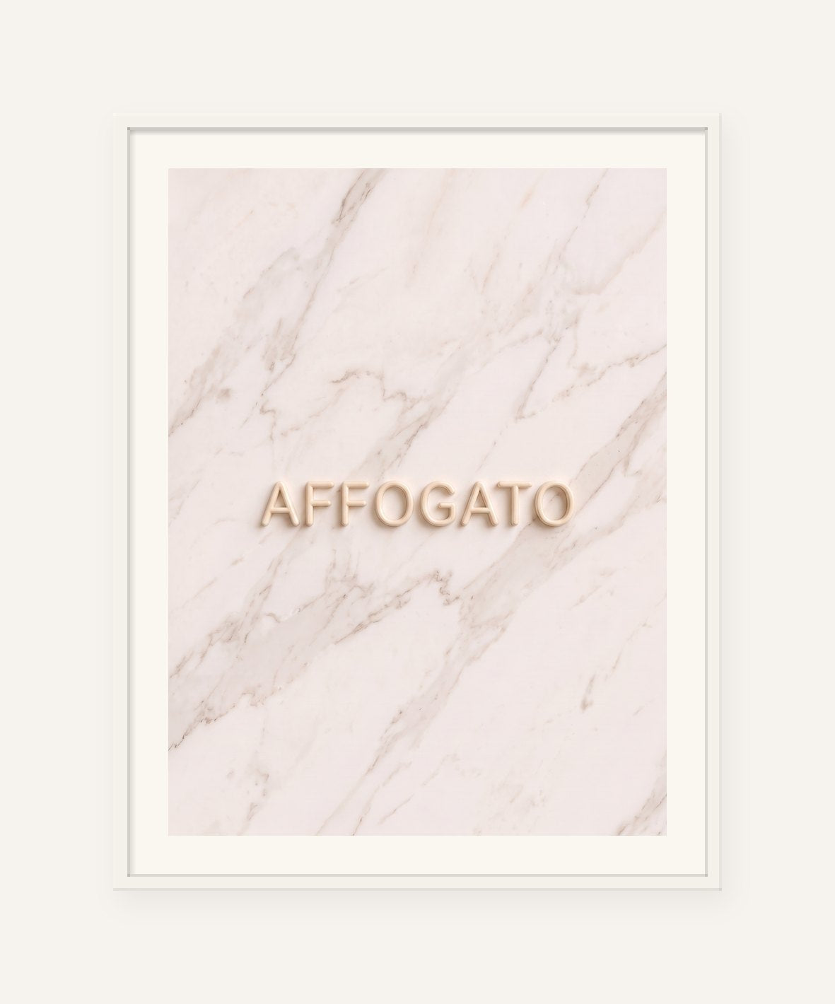 
                  
                    Affogato, the word carved into soft marble, framed in white with a 5 cm white border
                  
                