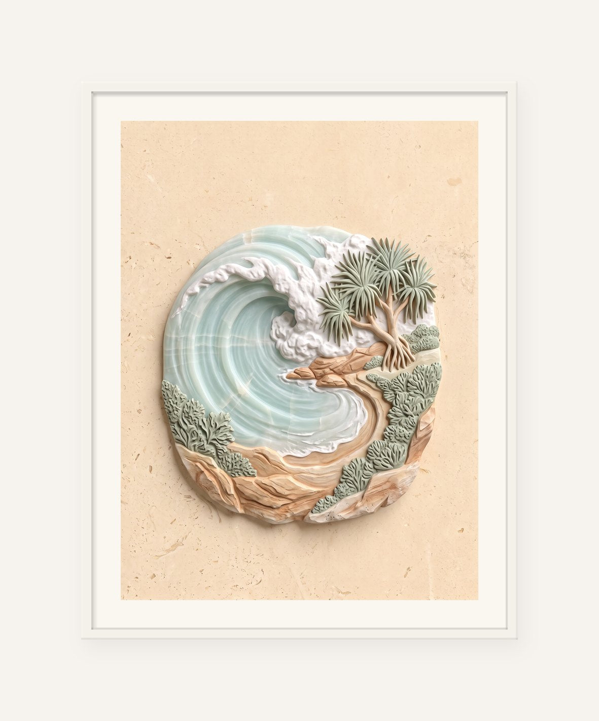 
                  
                    Angourie Carving, carved marble digital artwork, framed in white with a 5 cm white border
                  
                