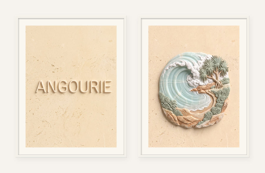Angourie Stone Pair, two framed prints of digital artwork reimagined in carved marble