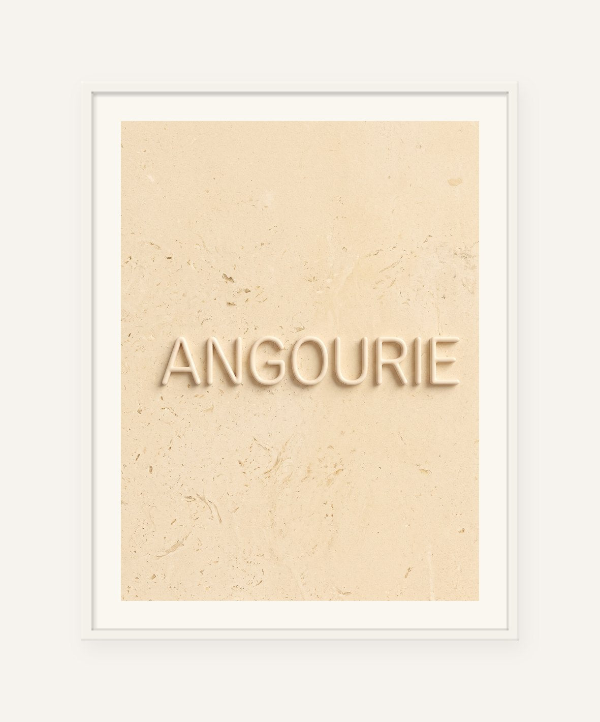
                  
                    Angourie, the word carved into soft marble, framed in white with a 5 cm white border
                  
                