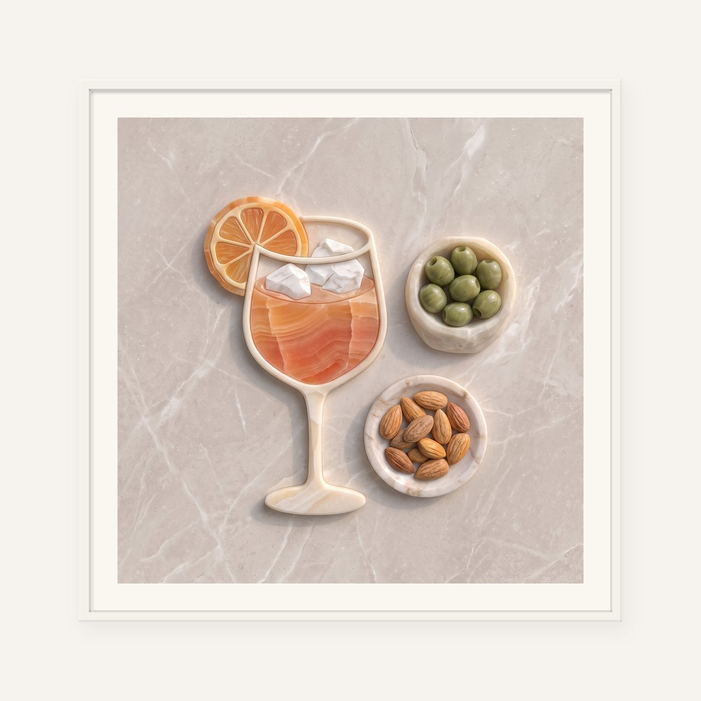 
                  
                    Aperitivo Spread, carved marble digital artwork, framed in white with a 5 cm white border
                  
                