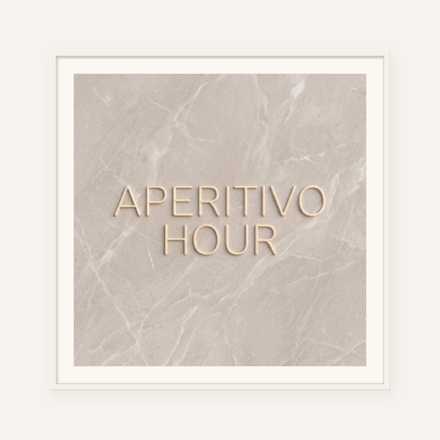 
                  
                    Aperitivo Hour, the word carved into soft marble, framed in white with a 5 cm white border
                  
                