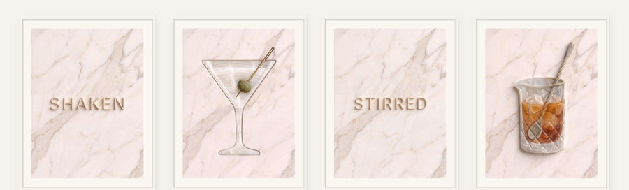 Bar Cart Stone Set of 4, 4 framed prints of digital artwork reimagined in carved marble