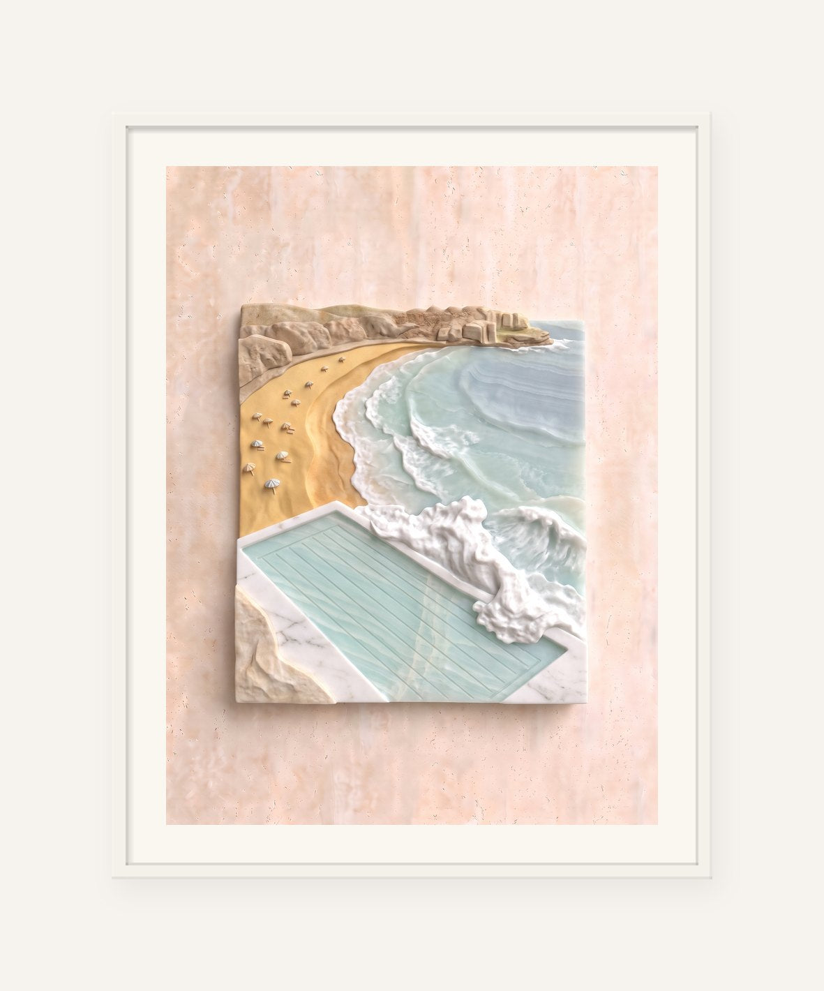 
                  
                    Bondi Carving, carved marble digital artwork, framed in white with a 5 cm white border
                  
                
