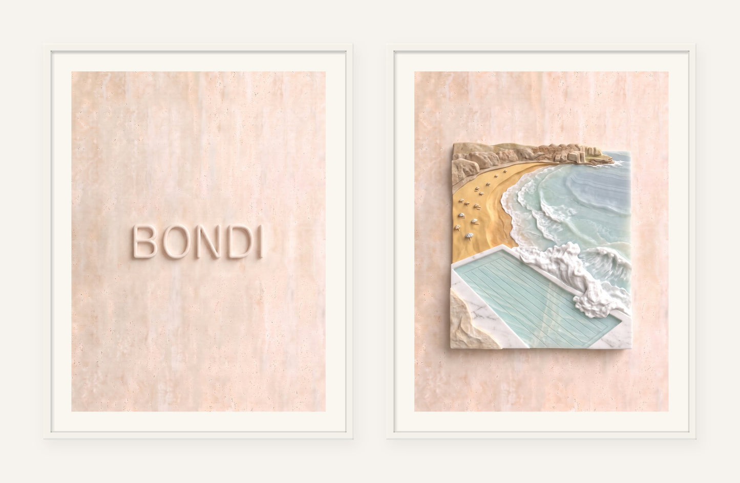
                  
                    Bondi Stone Pair, two framed prints of digital artwork reimagined in carved marble
                  
                