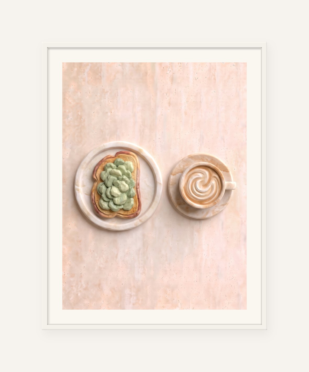 
                  
                    Avo Toast and Flat White, carved marble digital artwork, framed in white with a 5 cm white border
                  
                
