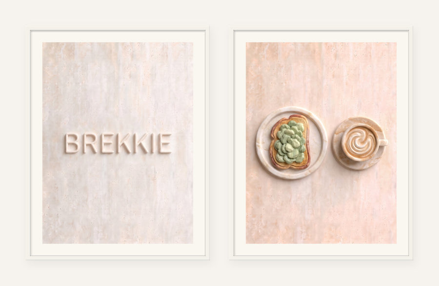 Brekkie Stone Pair, two framed prints of digital artwork reimagined in carved marble
