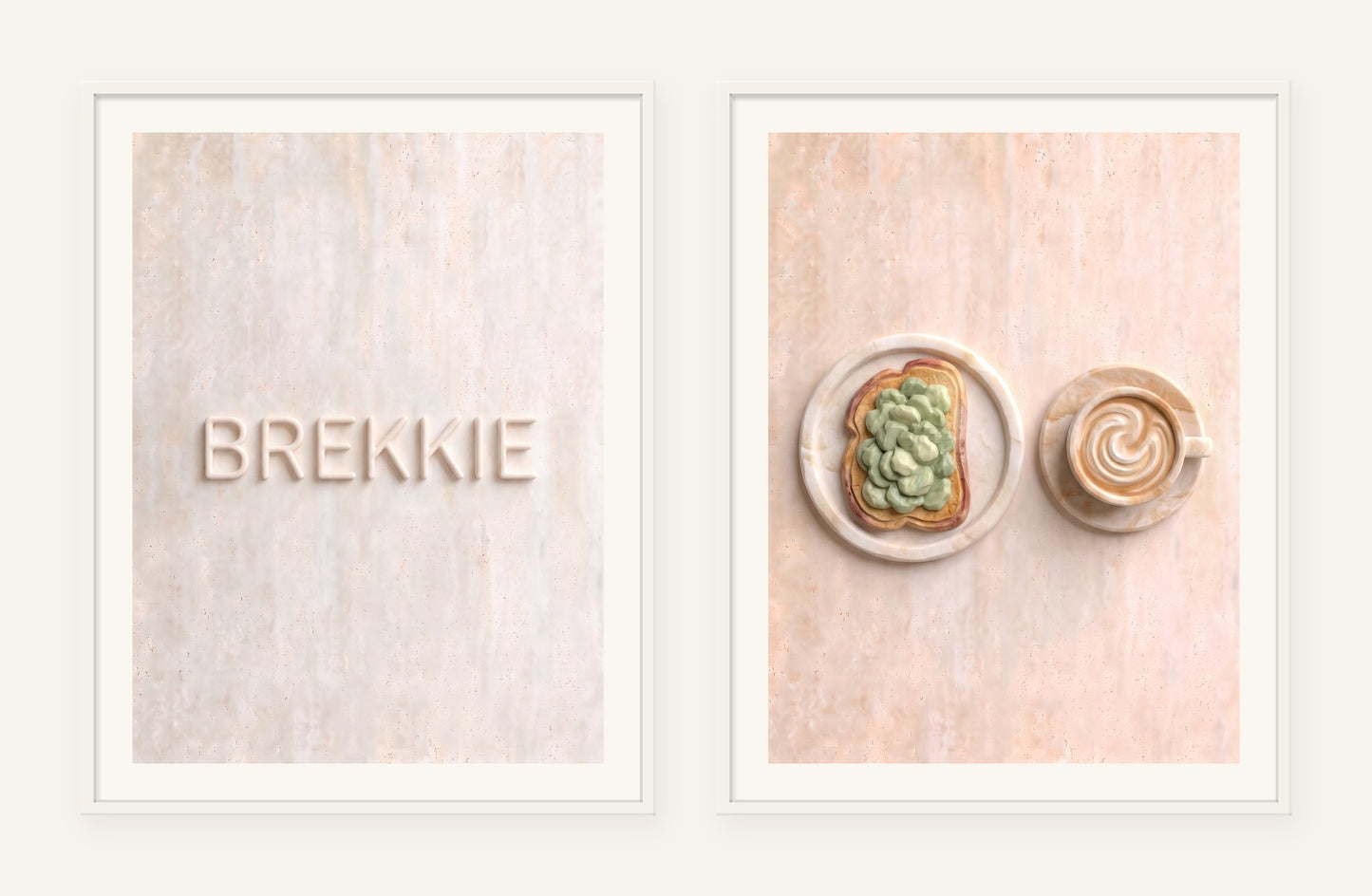 
                  
                    Brekkie Stone Pair, two framed prints of digital artwork reimagined in carved marble
                  
                