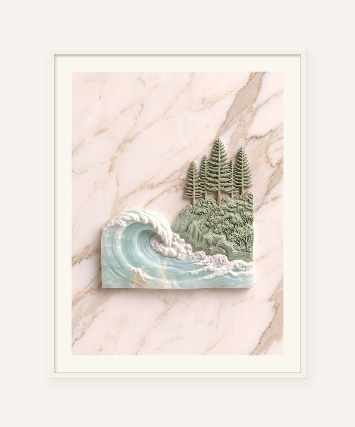 
                  
                    Headland and Pines, carved marble digital artwork, framed in white with a 5 cm white border
                  
                
