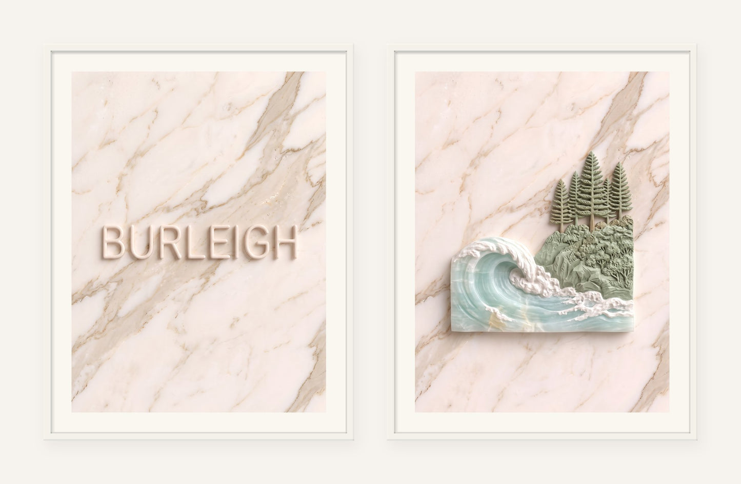 
                  
                    Burleigh Stone Pair, two framed prints of digital artwork reimagined in carved marble
                  
                