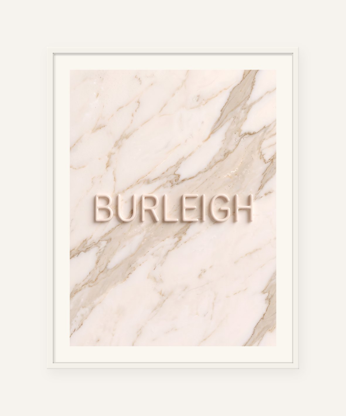 
                  
                    Burleigh, the word carved into soft marble, framed in white with a 5 cm white border
                  
                