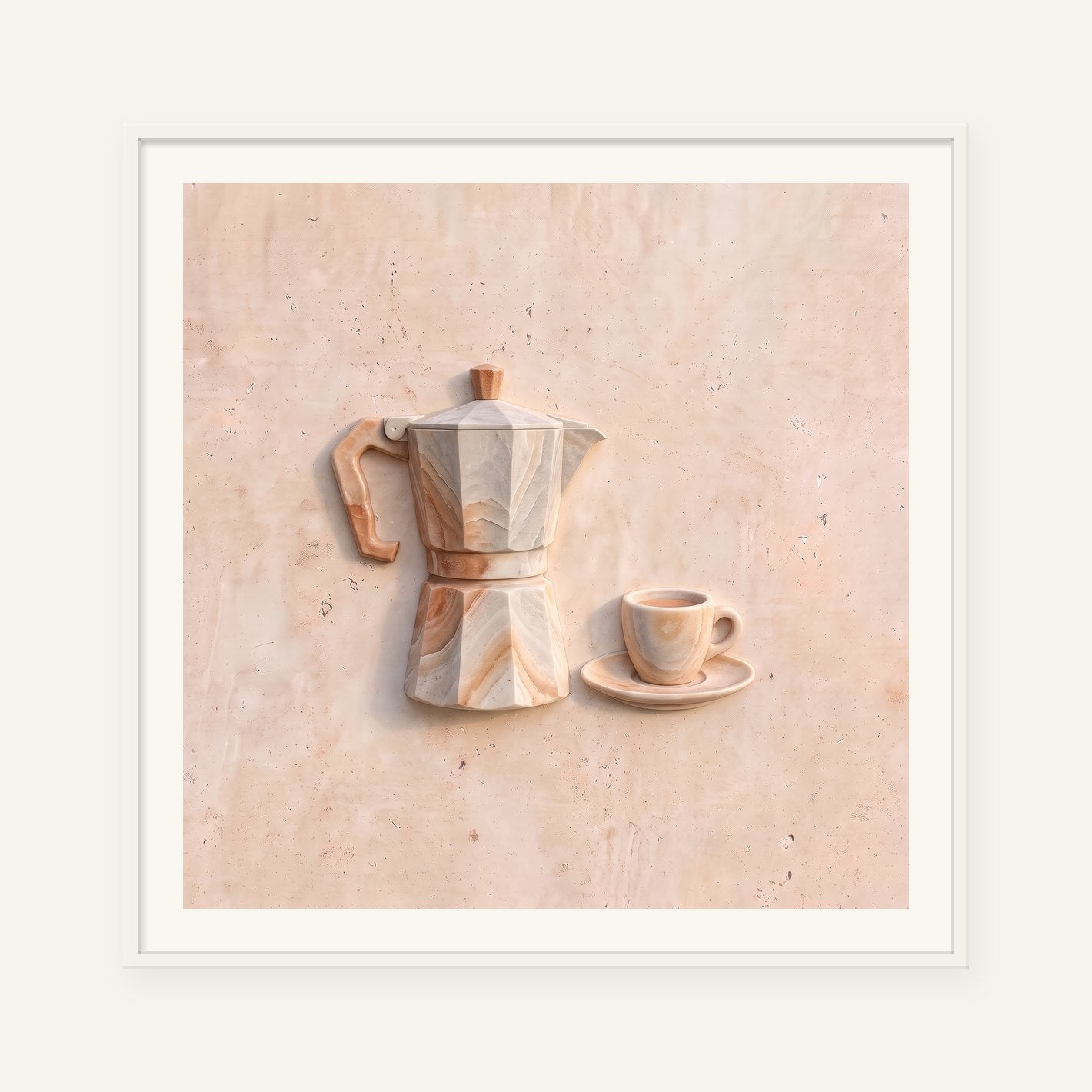 
                  
                    Moka Pot, carved marble digital artwork, framed in white with a 5 cm white border
                  
                