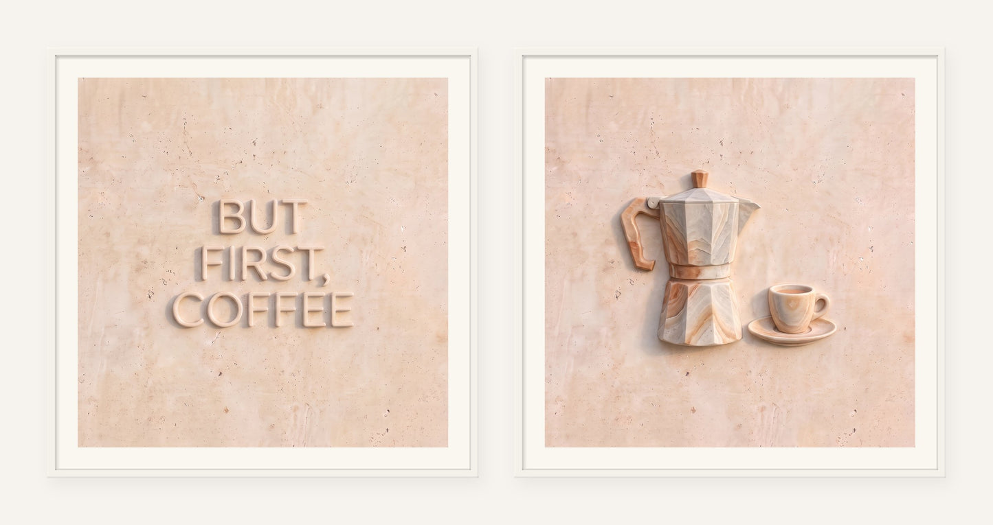 
                  
                    But First, Coffee Stone Pair, two framed prints of digital artwork reimagined in carved marble
                  
                