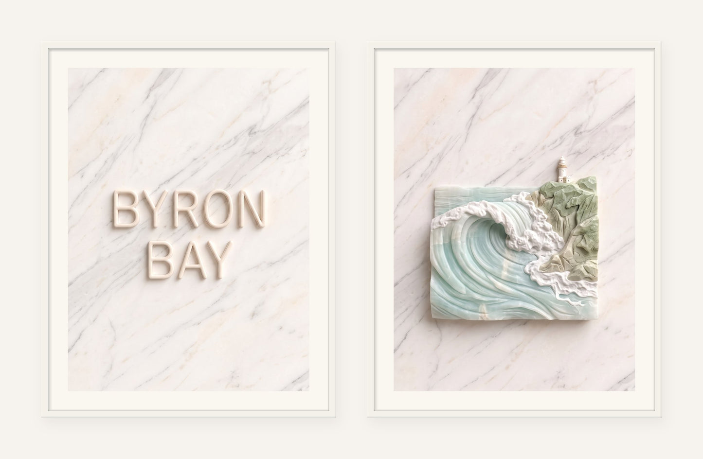
                  
                    Byron Bay Stone Pair, two framed prints of digital artwork reimagined in carved marble
                  
                