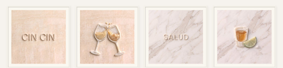 Cheers Stone Set of 4, 4 framed prints of digital artwork reimagined in carved marble