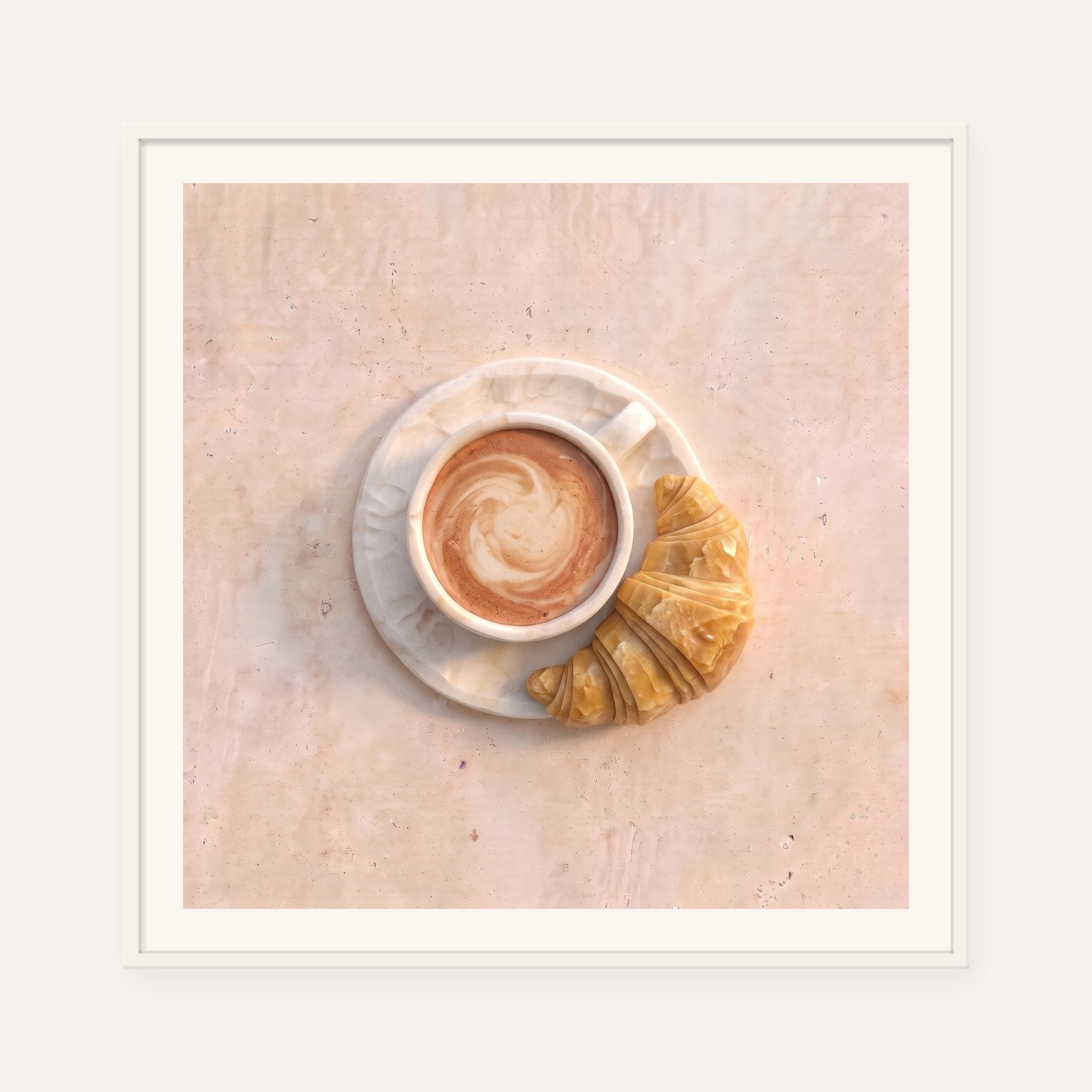 
                  
                    Cappuccino and Croissant, carved marble digital artwork, framed in white with a 5 cm white border
                  
                