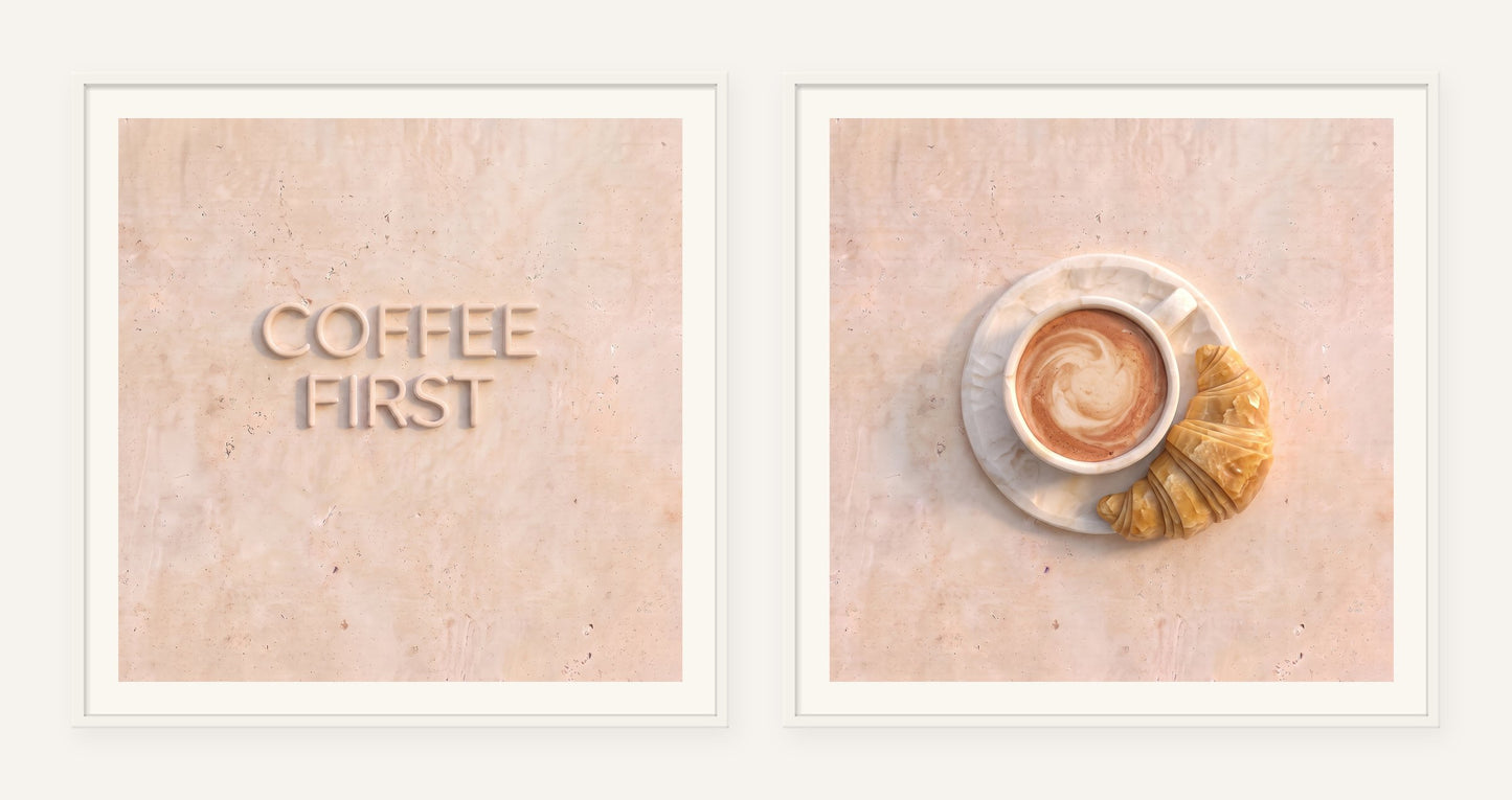 
                  
                    Coffee First Stone Pair, two framed prints of digital artwork reimagined in carved marble
                  
                