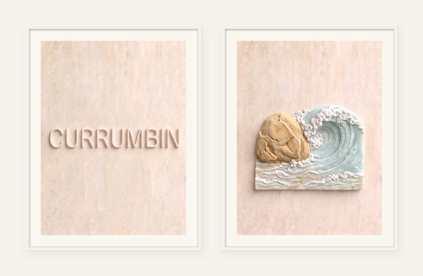 
                  
                    Currumbin Stone Pair, two framed prints of digital artwork reimagined in carved marble
                  
                