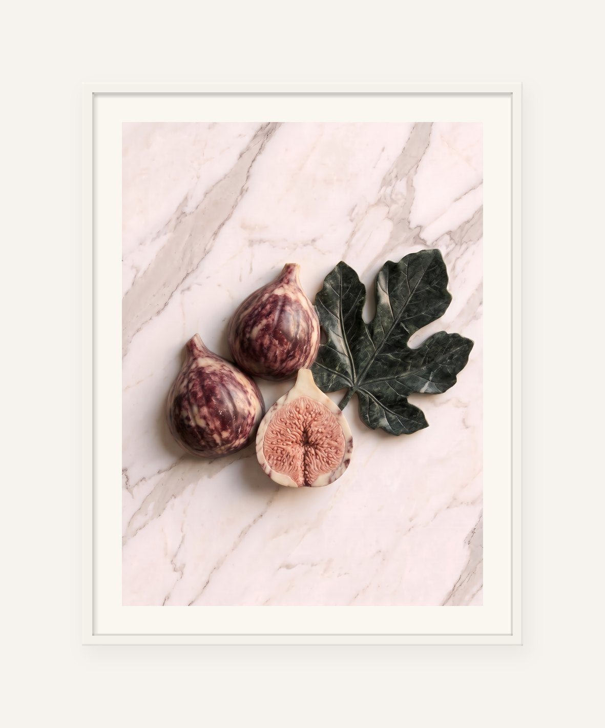 
                  
                    Viola Figs, carved marble digital artwork, framed in white with a 5 cm white border
                  
                