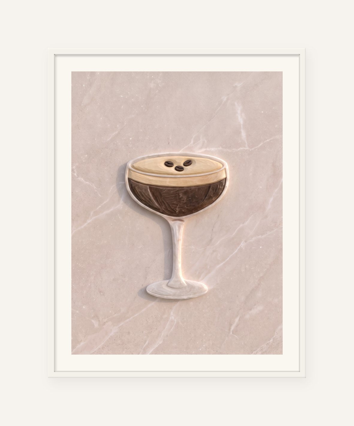 
                  
                    The Espresso Martini, carved marble digital artwork, framed in white with a 5 cm white border
                  
                