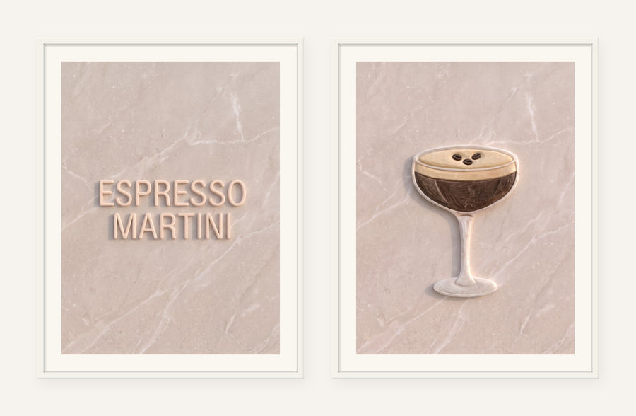 Espresso Martini Stone Pair, two framed prints of digital artwork reimagined in carved marble