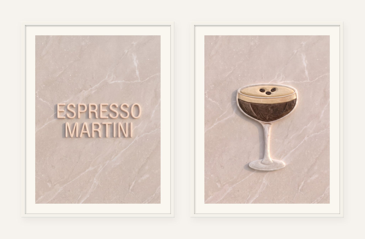 
                  
                    Espresso Martini Stone Pair, two framed prints of digital artwork reimagined in carved marble
                  
                