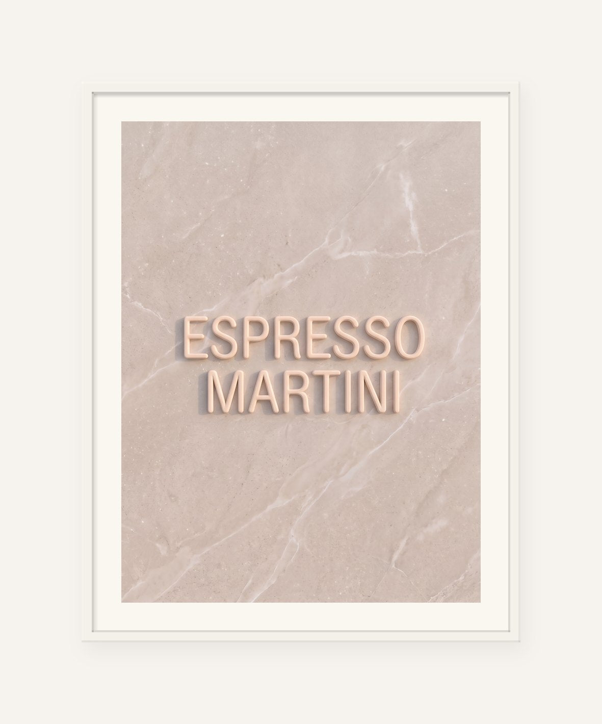 
                  
                    Espresso Martini, the word carved into soft marble, framed in white with a 5 cm white border
                  
                