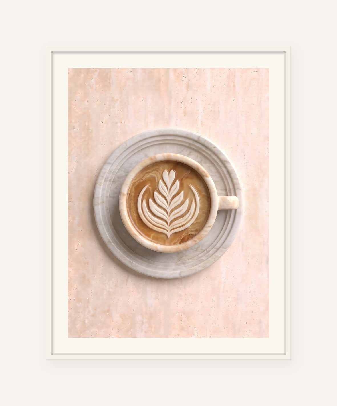 
                  
                    The Flat White, carved marble digital artwork, framed in white with a 5 cm white border
                  
                