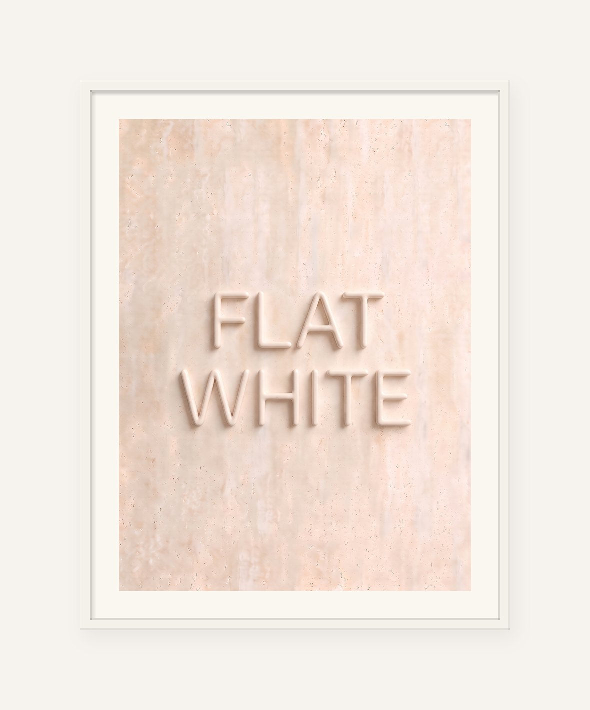 
                  
                    Flat White, the word carved into soft marble, framed in white with a 5 cm white border
                  
                