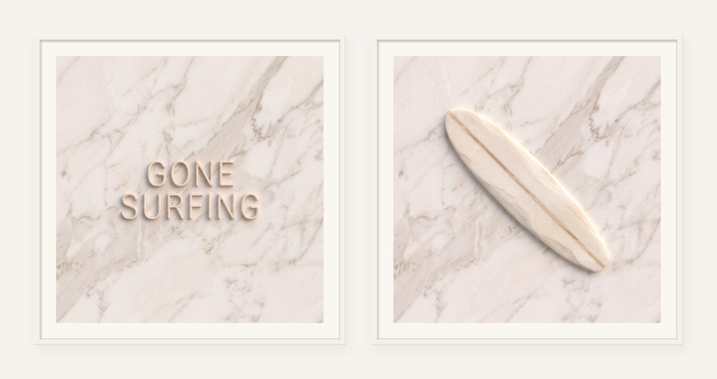 
                  
                    Gone Surfing Stone Pair, two framed prints of digital artwork reimagined in carved marble
                  
                