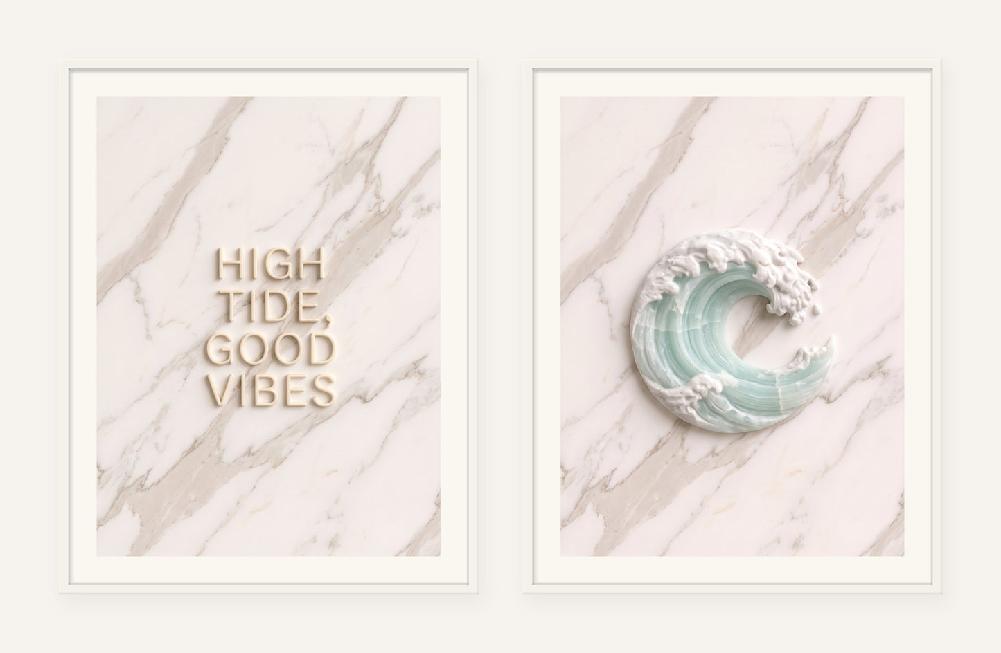 
                  
                    High Tide, Good Vibes Stone Pair, two framed prints of digital artwork reimagined in carved marble
                  
                