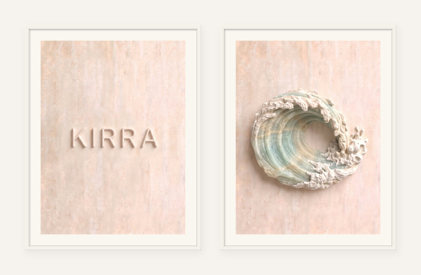 
                  
                    Kirra Stone Pair, two framed prints of digital artwork reimagined in carved marble
                  
                
