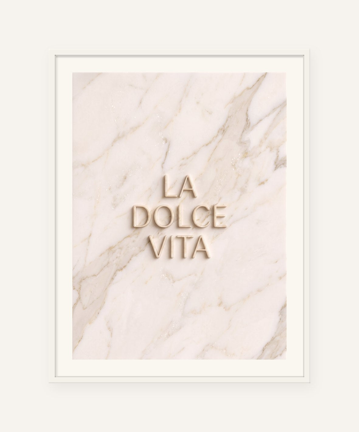 
                  
                    La Dolce Vita, the word carved into soft marble, framed in white with a 5 cm white border
                  
                