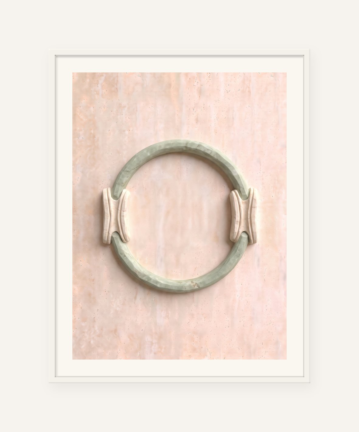 
                  
                    The Pilates Ring, carved marble digital artwork, framed in white with a 5 cm white border
                  
                