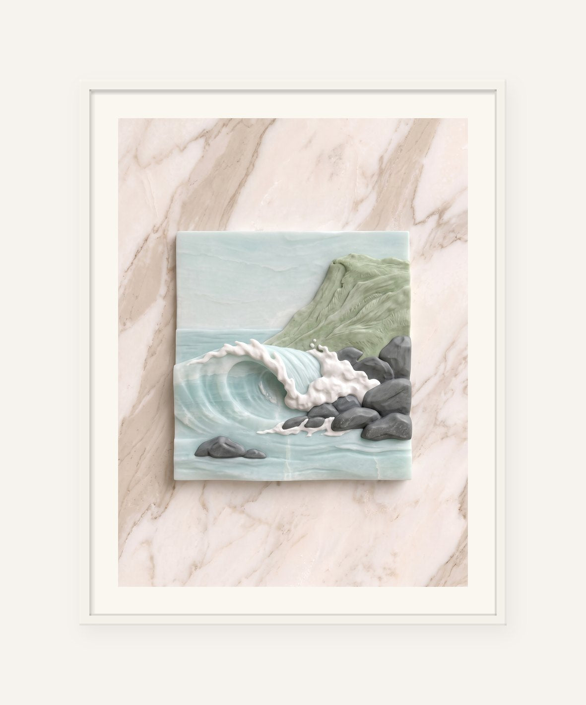 
                  
                    Lennox Head Carving, carved marble digital artwork, framed in white with a 5 cm white border
                  
                