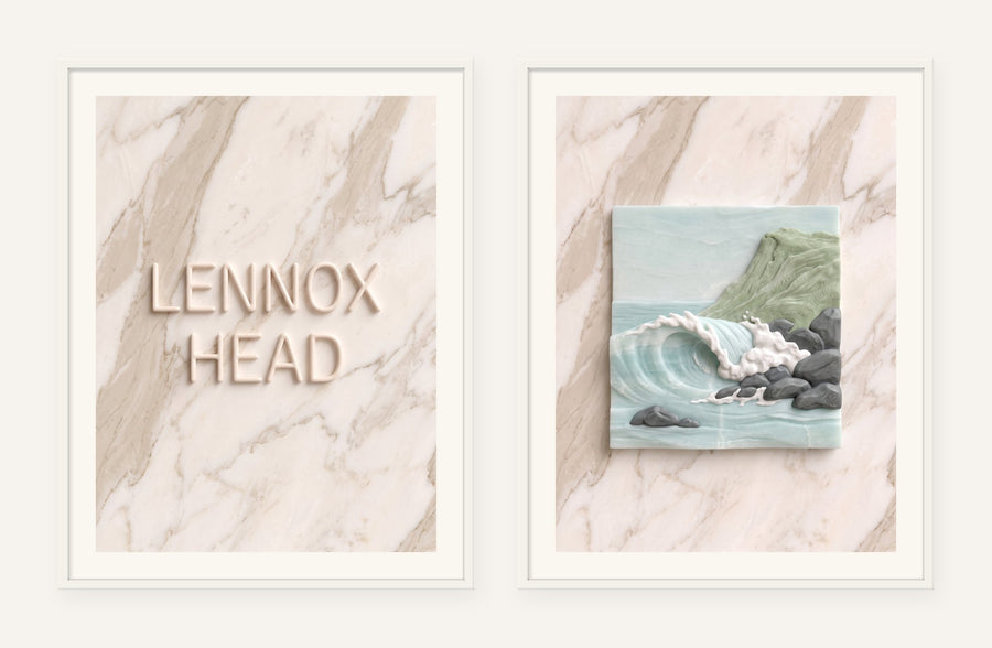 Lennox Head Stone Pair, two framed prints of digital artwork reimagined in carved marble