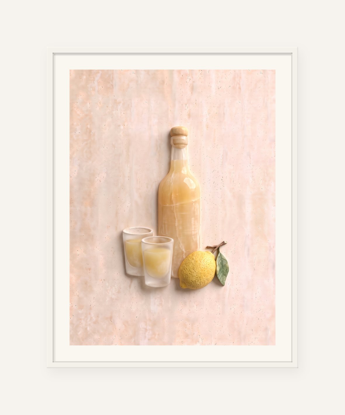 
                  
                    Limoncello Glasses, carved marble digital artwork, framed in white with a 5 cm white border
                  
                
