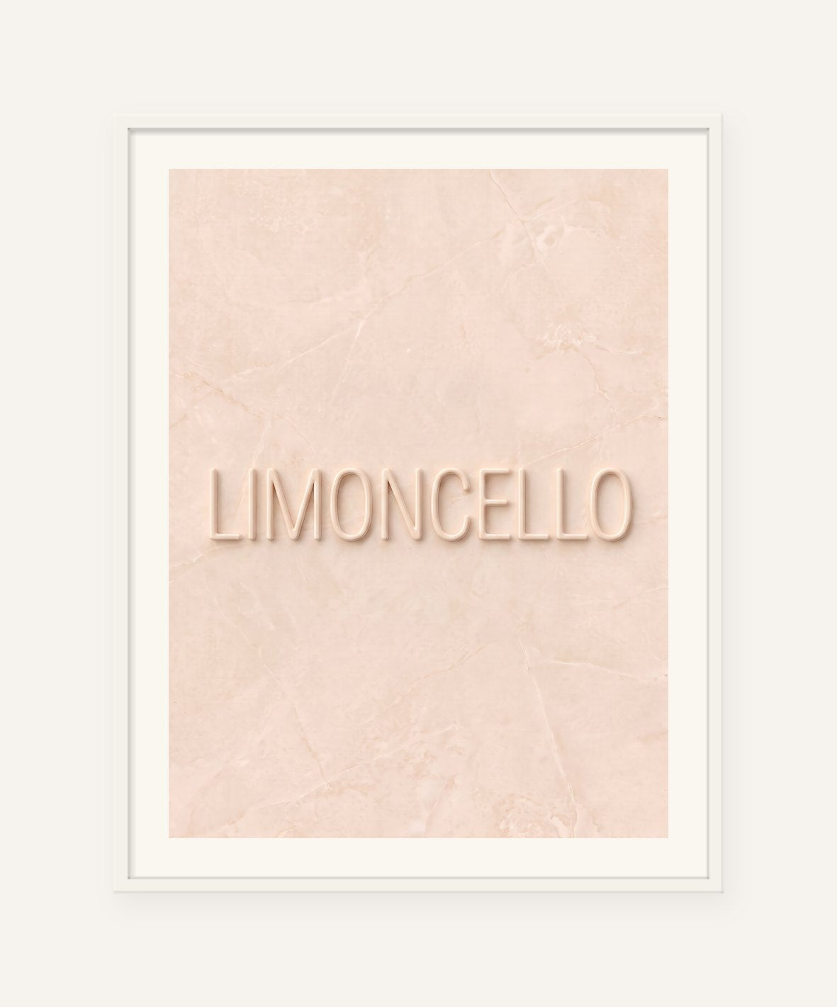 
                  
                    Limoncello, the word carved into soft marble, framed in white with a 5 cm white border
                  
                