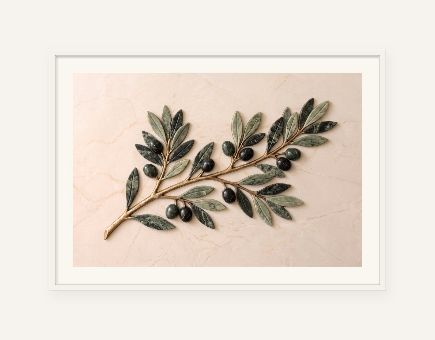 
                  
                    Olive Branch, carved marble digital artwork, framed in white with a 5 cm white border
                  
                