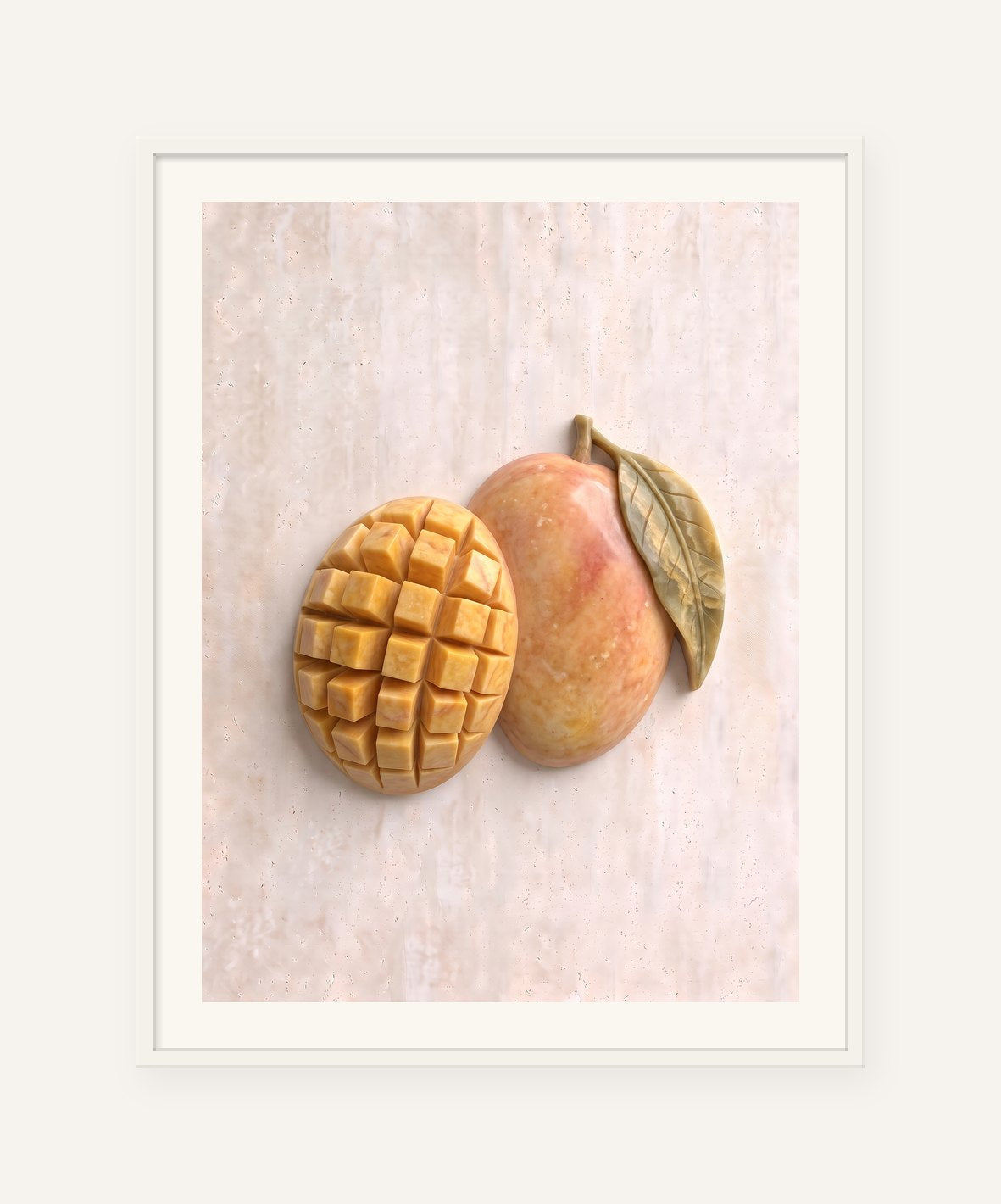 
                  
                    Mango Cheeks, carved marble digital artwork, framed in white with a 5 cm white border
                  
                