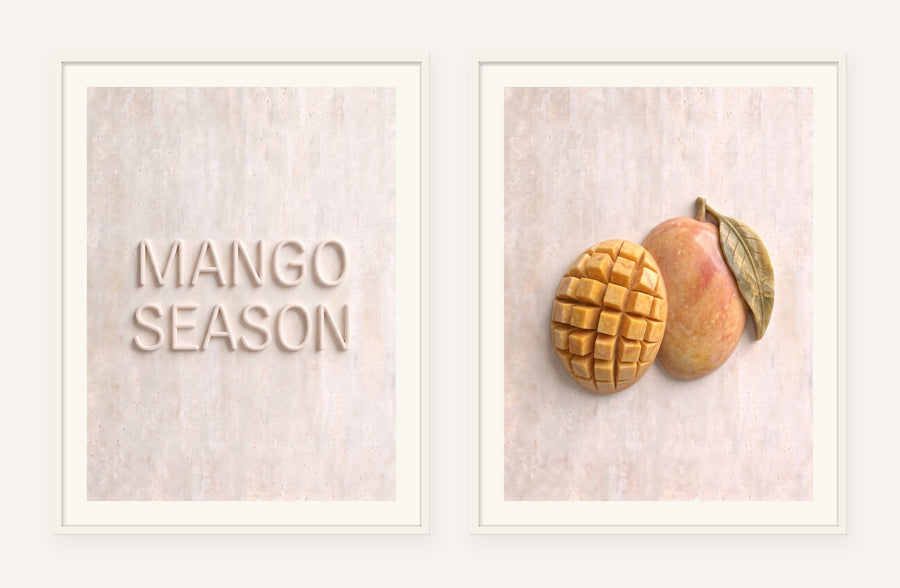 Mango Season Stone Pair, two framed prints of digital artwork reimagined in carved marble